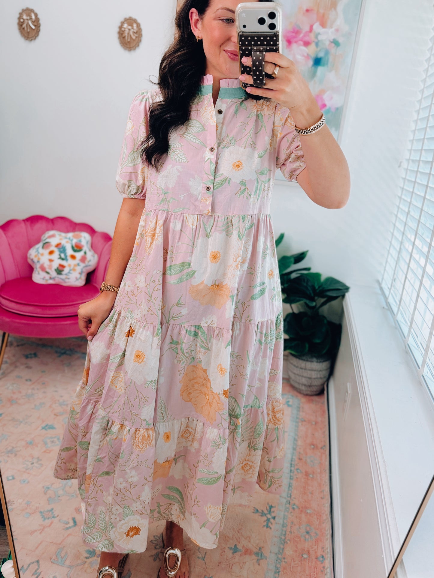 Pink Floral Tiered Midi Dress