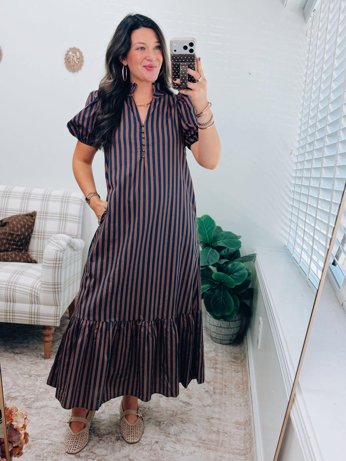 Mocha Navy Striped Button Midi Dress