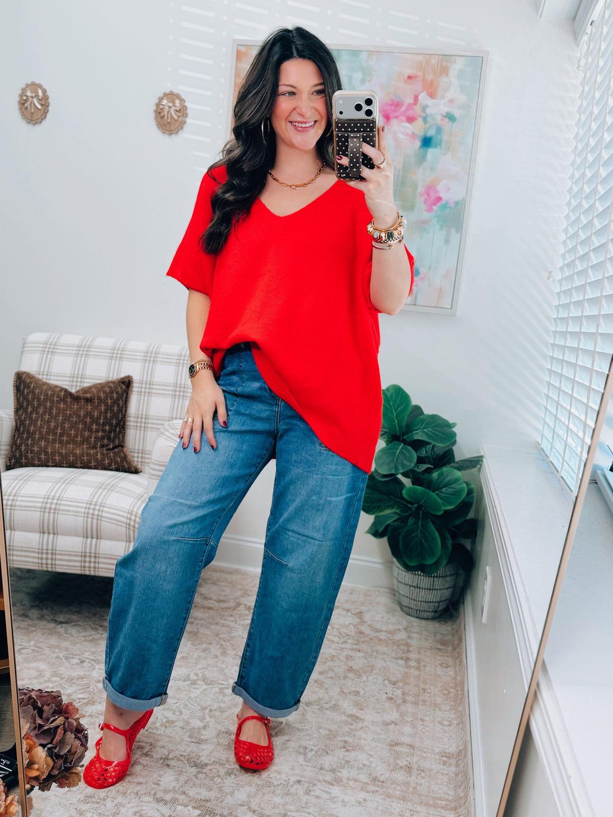 Red V-Neck Sweater Top