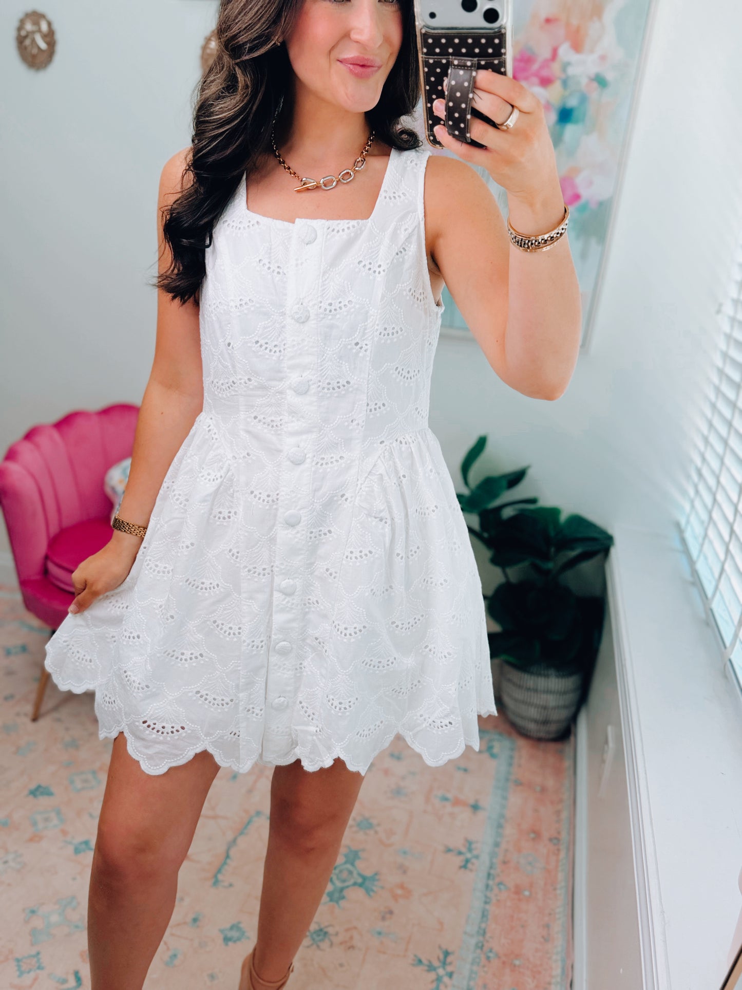 White Eyelet Scallop Button Mini Dress
