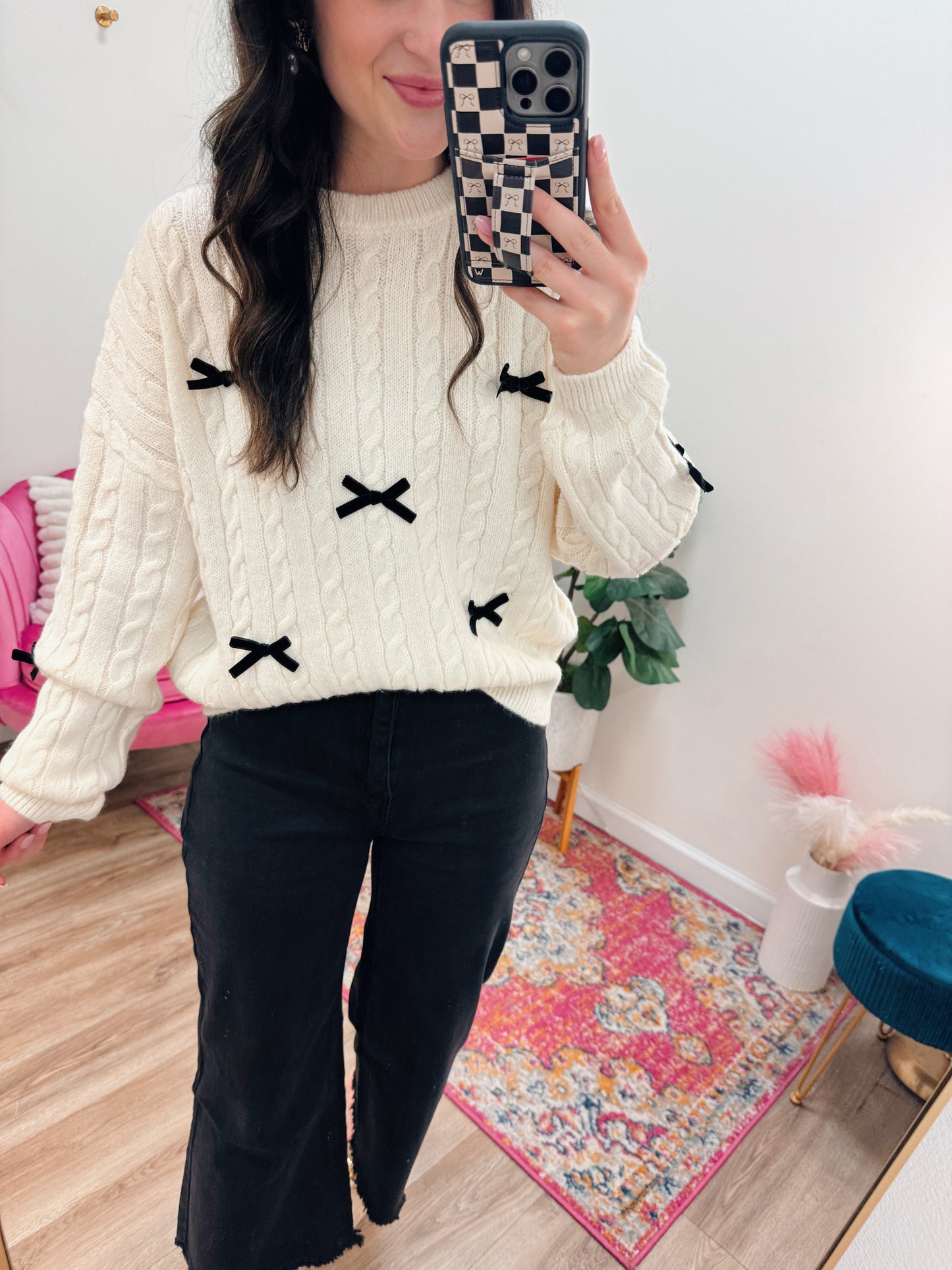 Chunky Knit Velvet Bow Sweater