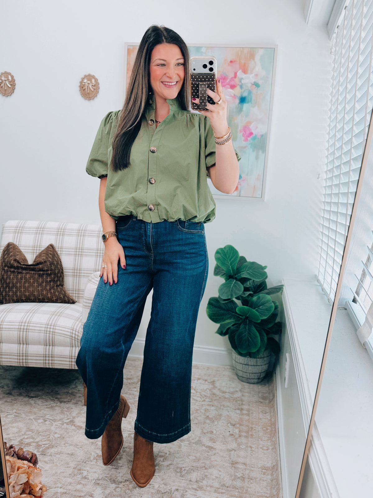 Gracie Button Bubble Hem Top - Olive