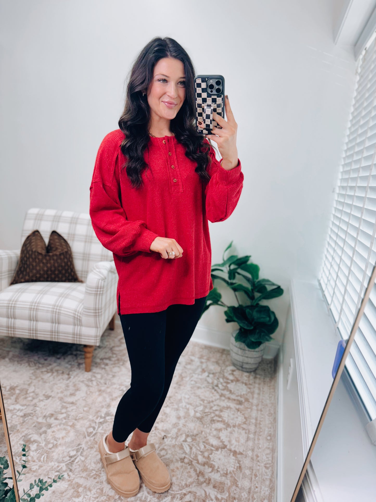 DOORBUSTER Button Brushed Ribbed Sweater - Red