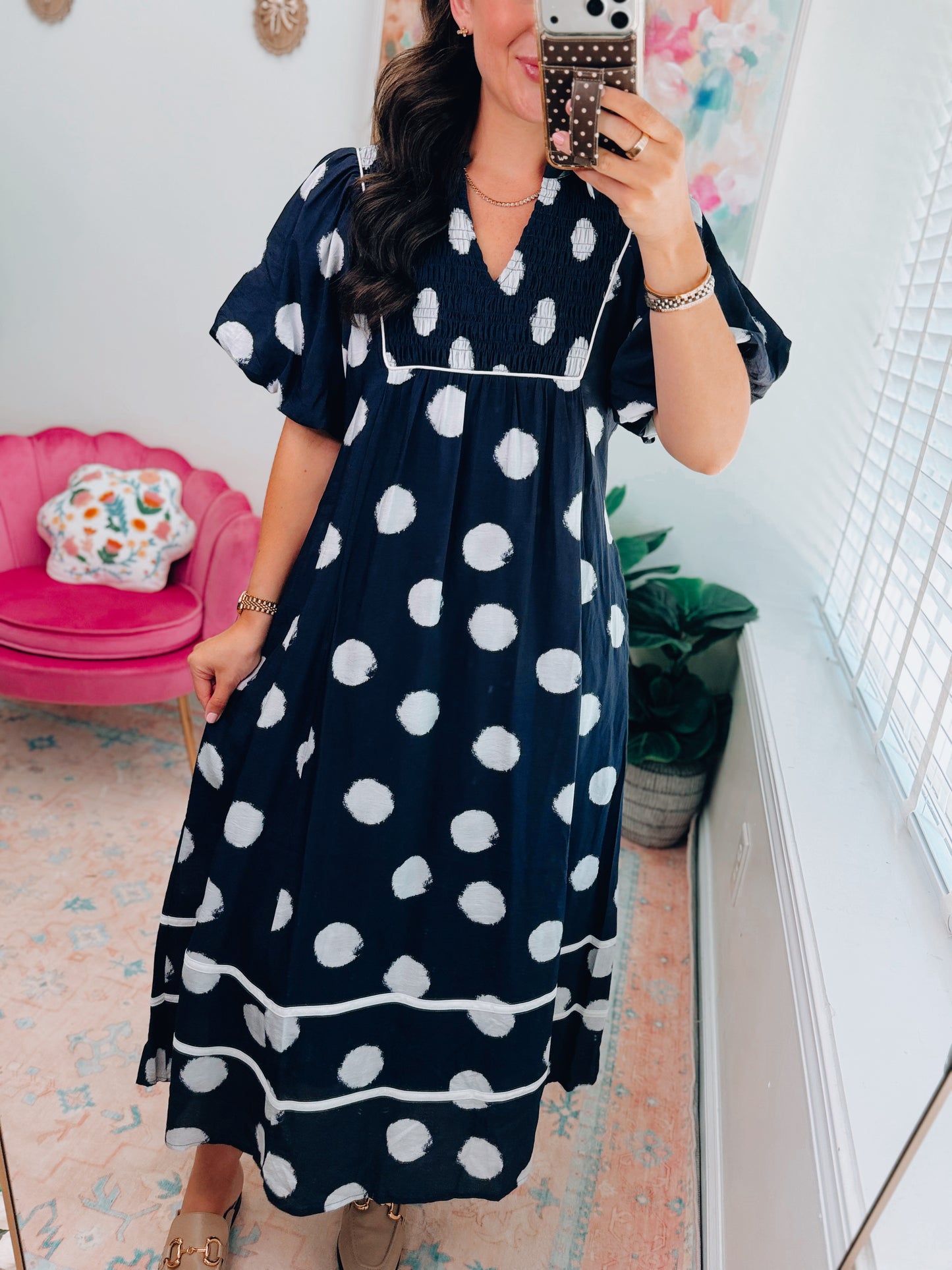 Navy Smocked Polka Dot Midi Dress