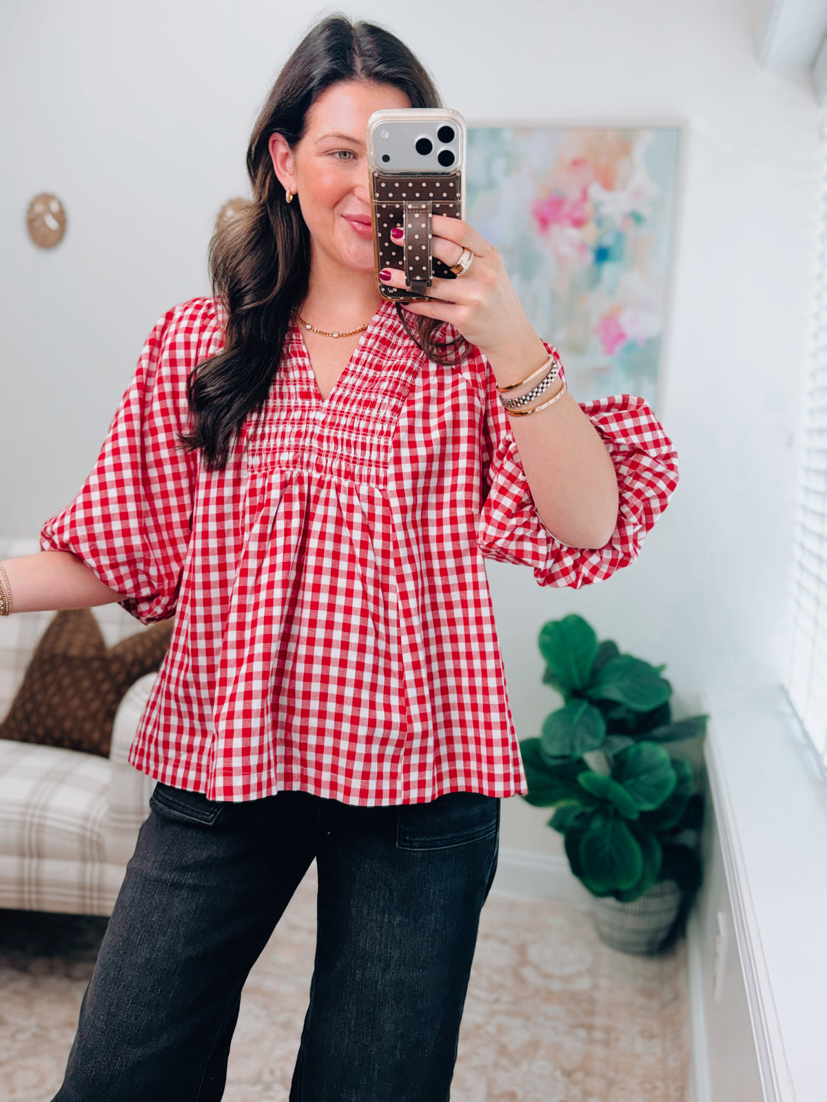 Rue Red Gingham Puff Sleeve Top