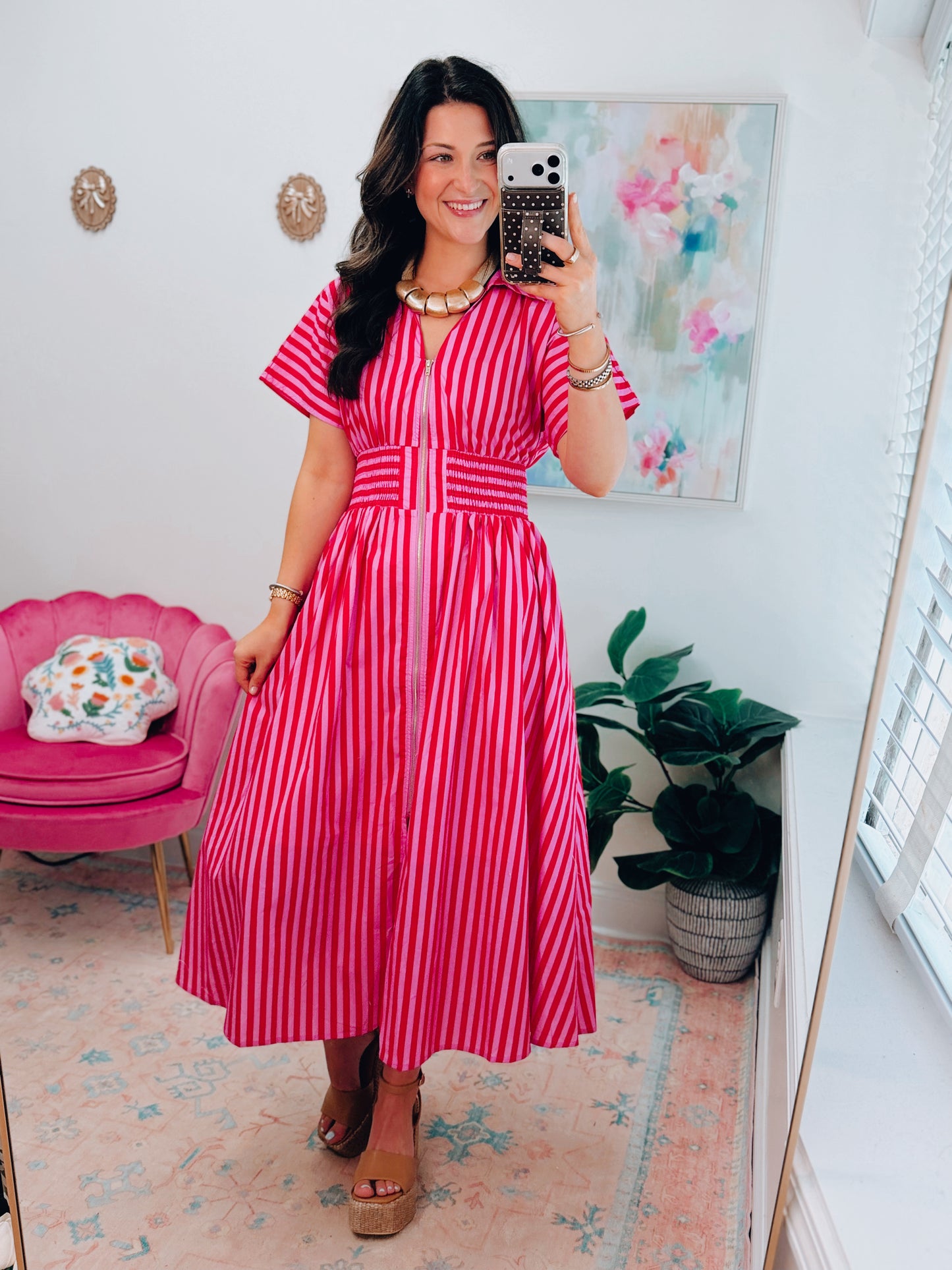 Sweet Escape Striped Zipper Midi Dress