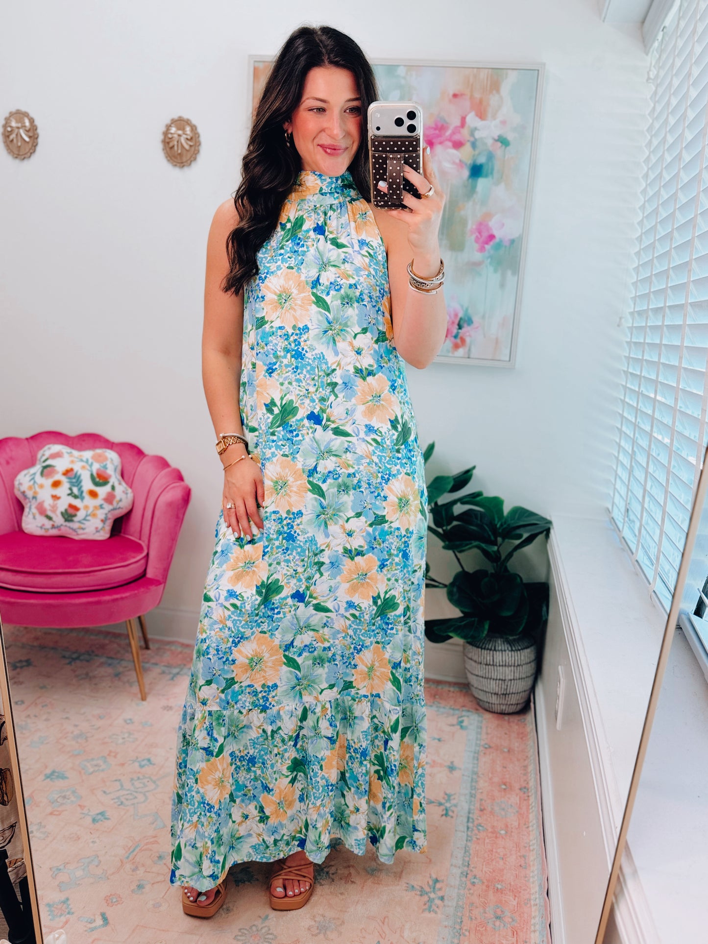 Blue Floral Mix Halter Maxi Dress