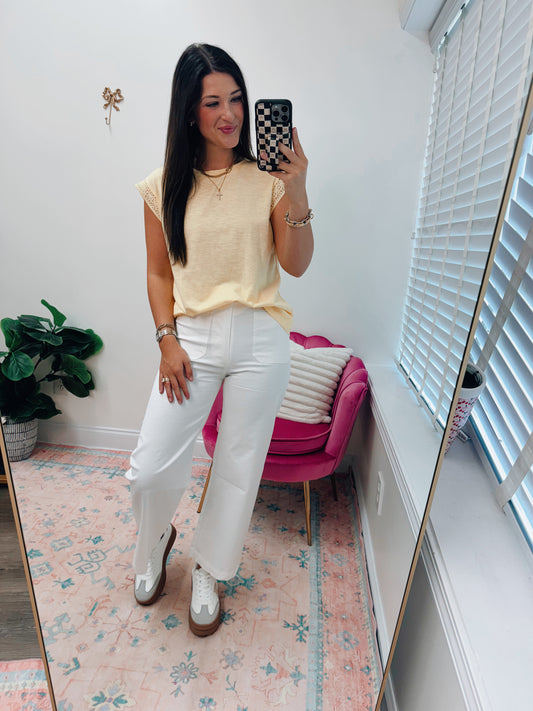 Creamy Yellow Eyelet Cuff Top