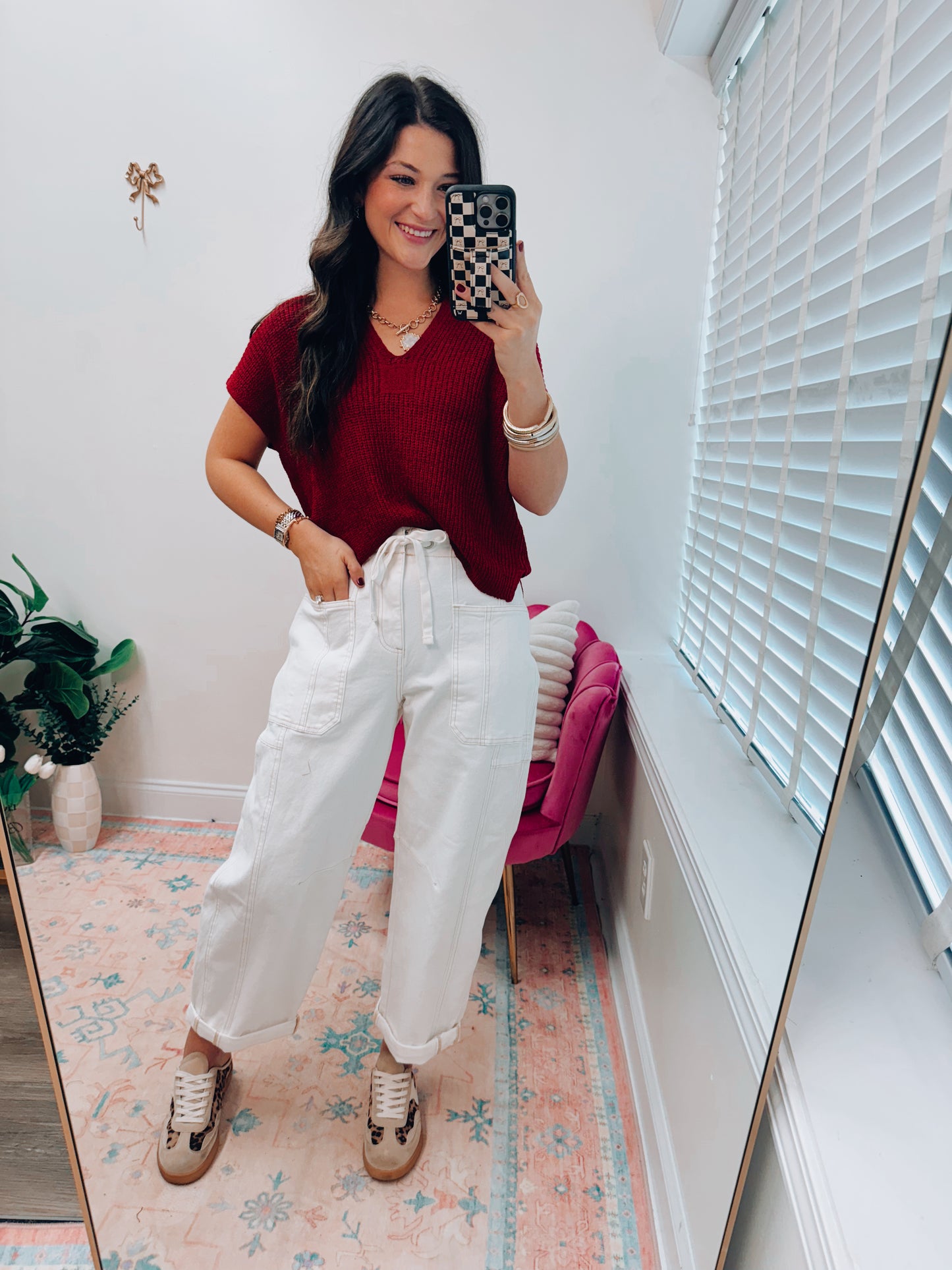 Split Neck Knit Top - Red