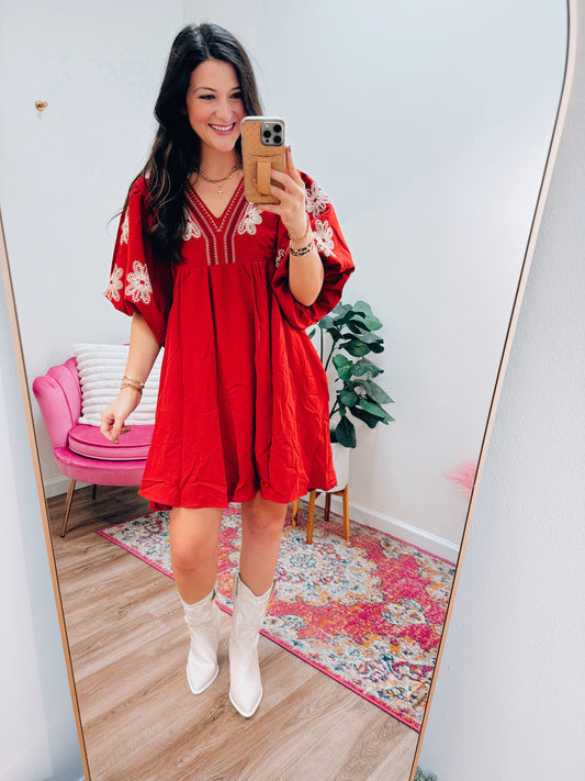 Embroidered Rust Puff Sleeve Mini Dress