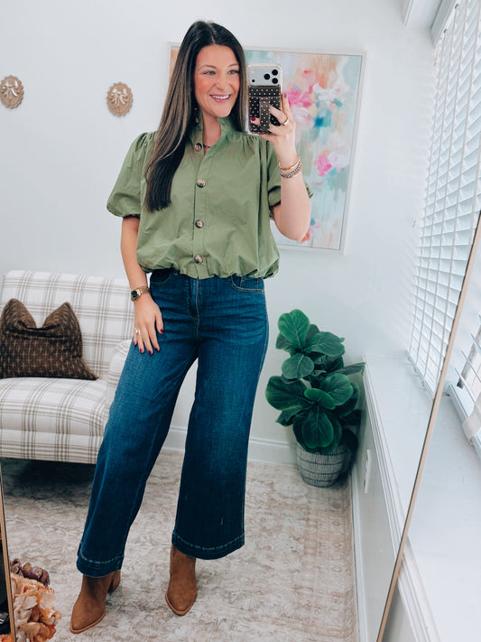 Gracie Button Bubble Hem Top - Olive