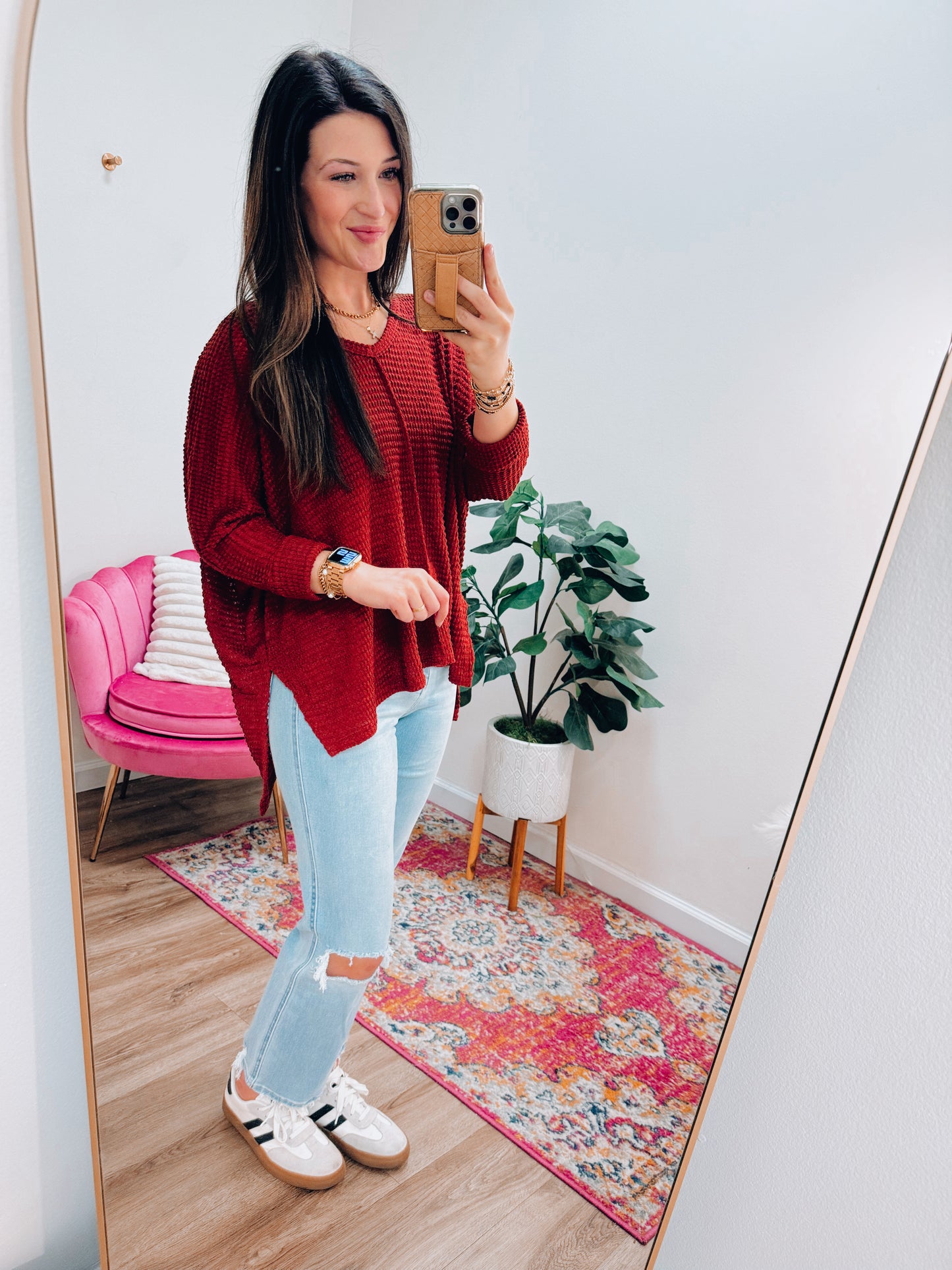 Mindi Waffle Knit Top - Cherry