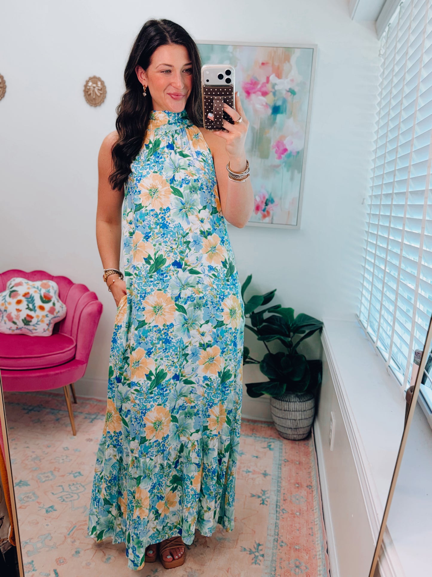 Blue Floral Mix Halter Maxi Dress