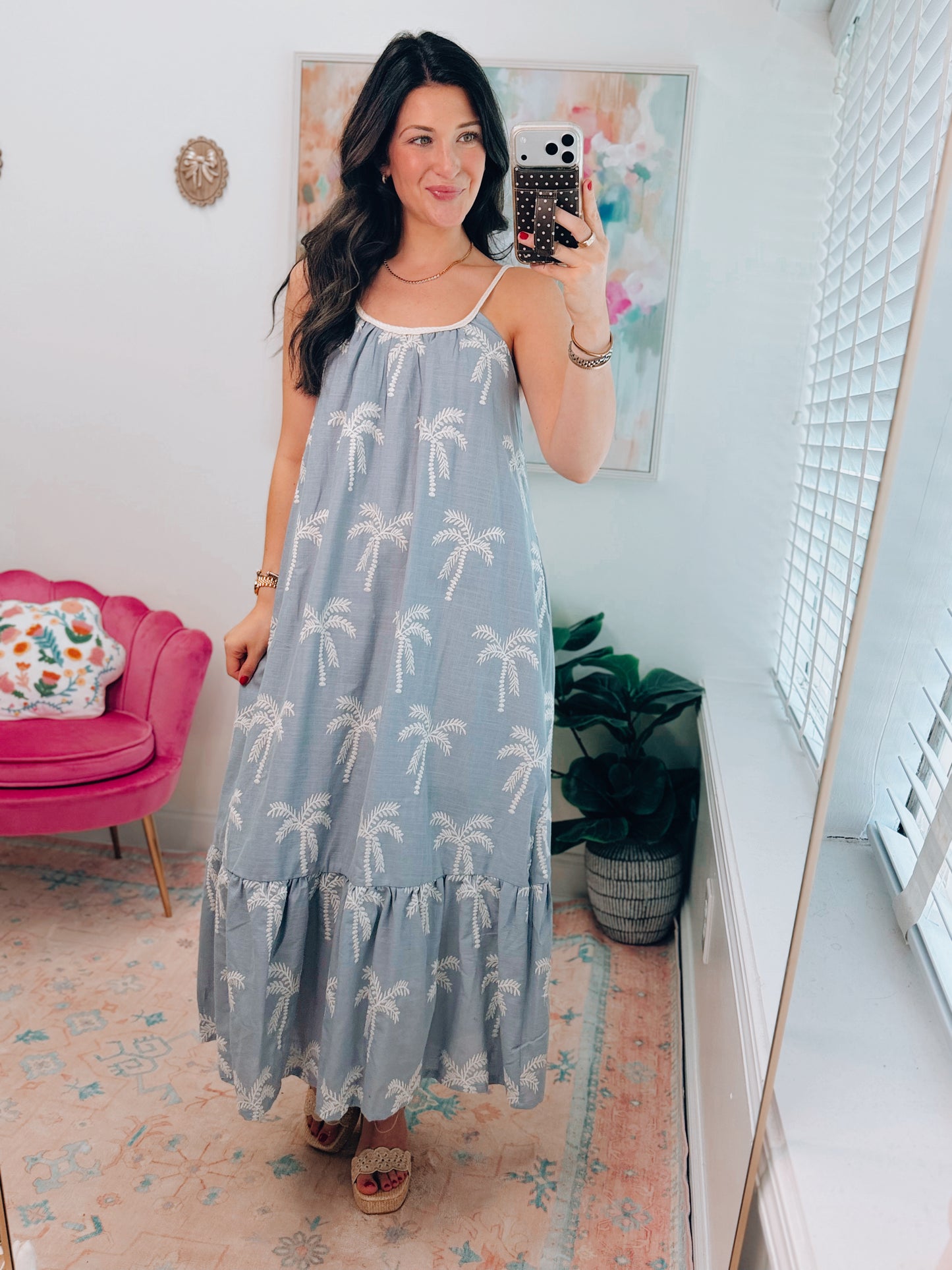 Dusty Blue Embroidered Tie Dress