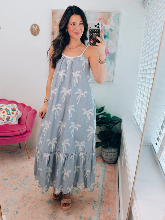 Dusty Blue Embroidered Tie Dress
