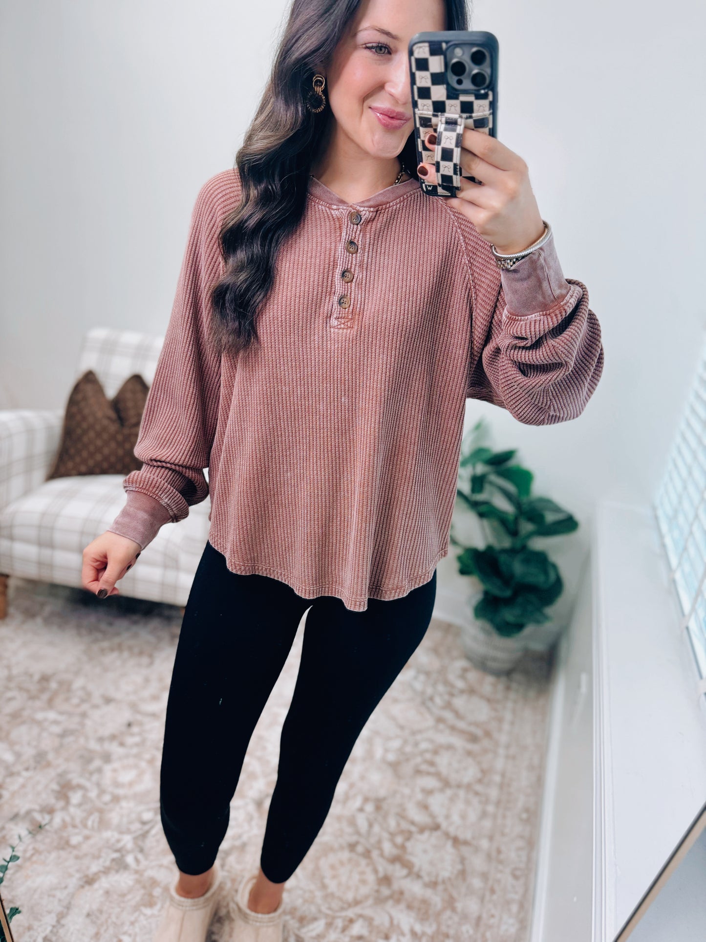 Mineral Washed Henley Waffle Raglan Top