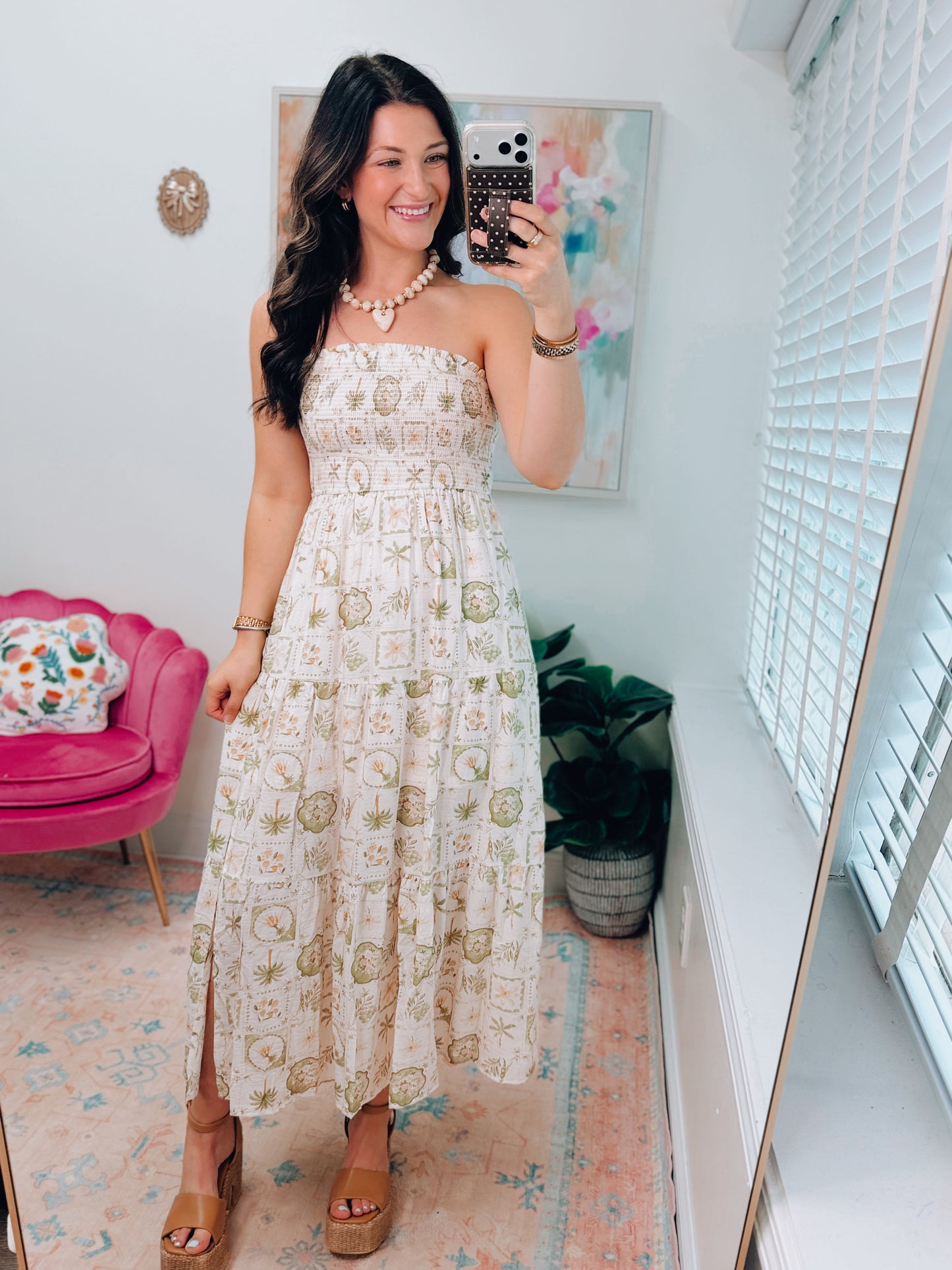 Smocked Palm Mix Midi Dress