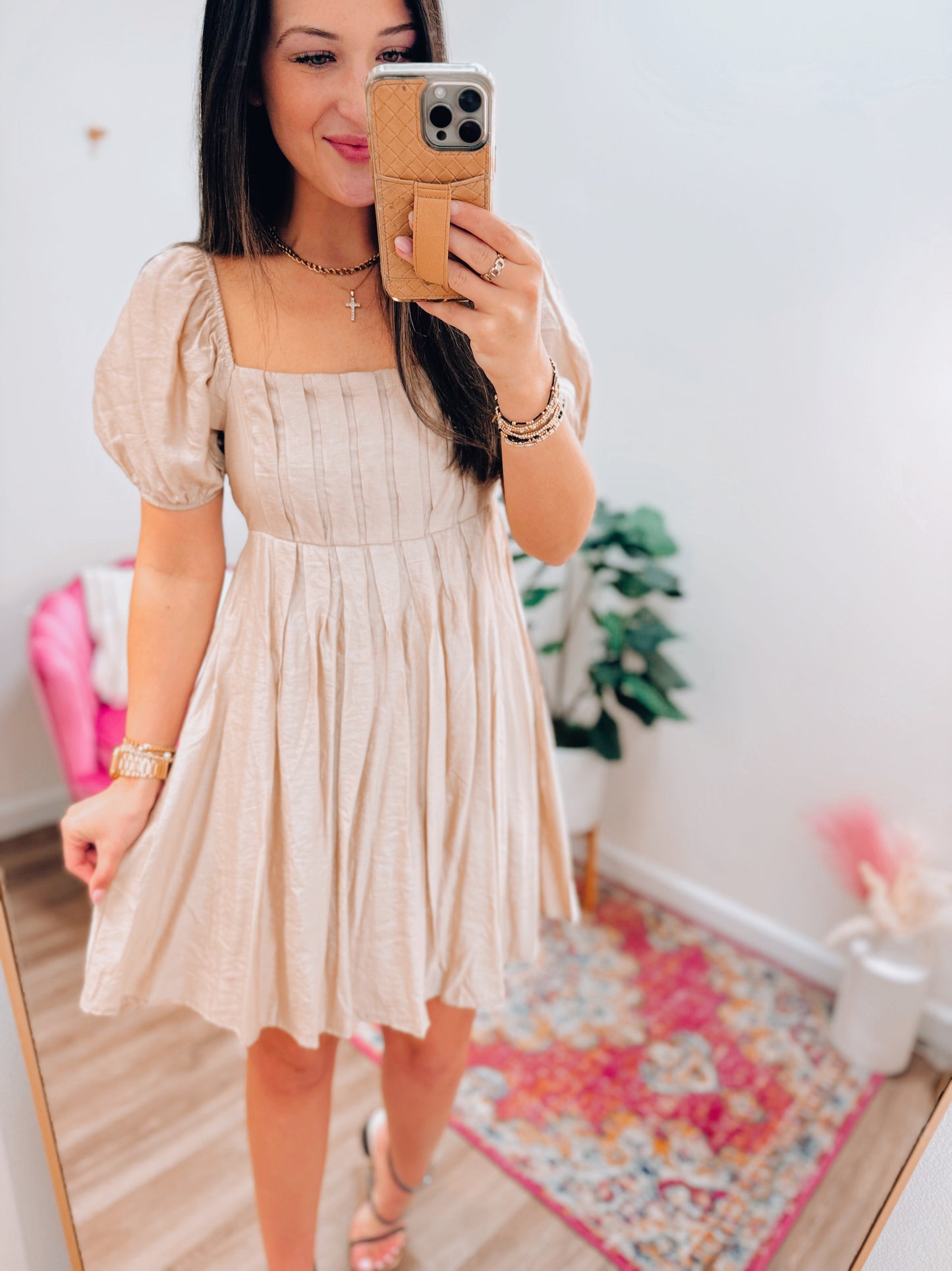 Taupe Puff Sleeve Pleated Mini Dress