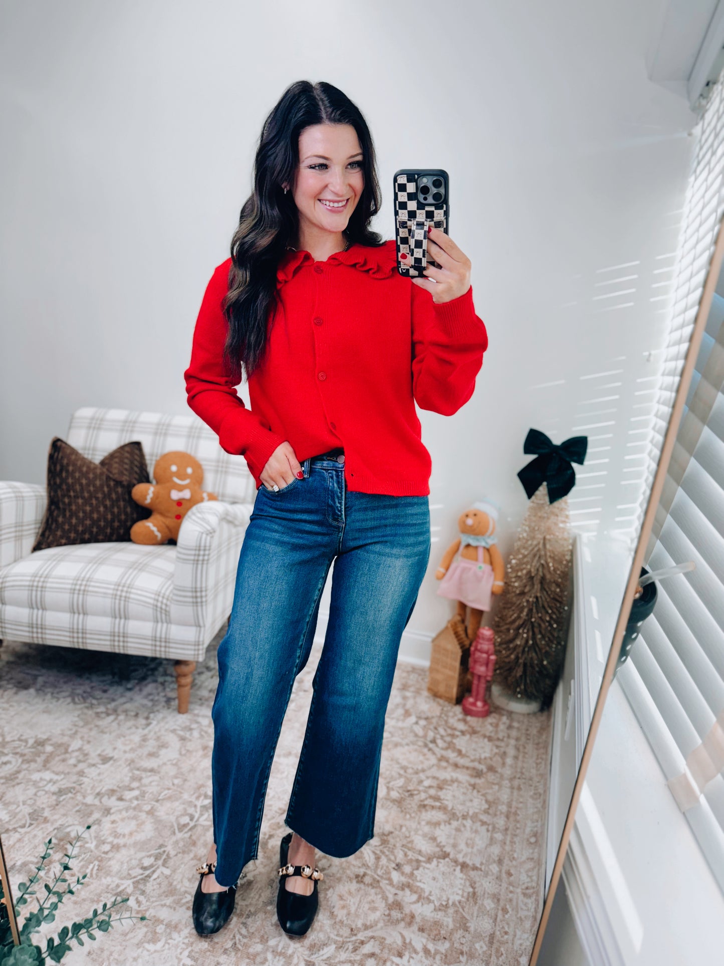 Ruffle Collar Cardigan Sweater - Red