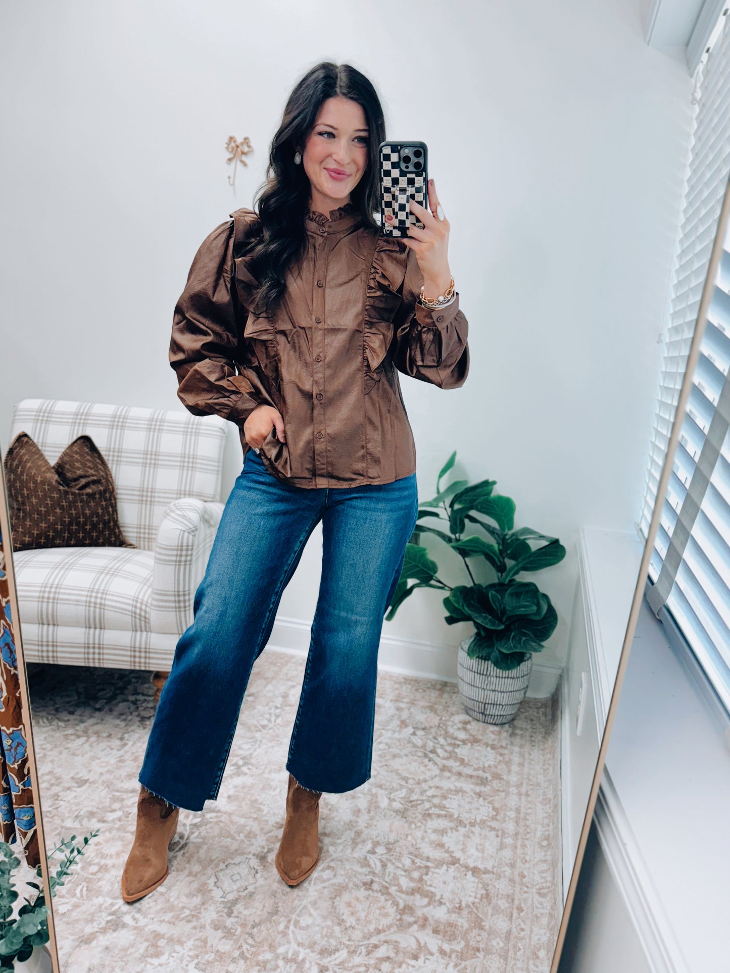 Hazelwood Shine Ruffle Button Top