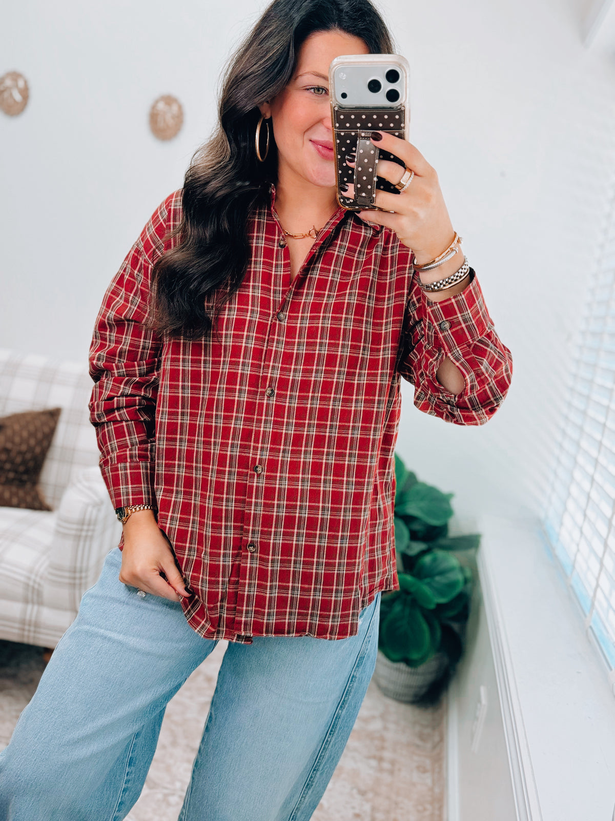 Oversized Plaid Flannel Top - Deep Red