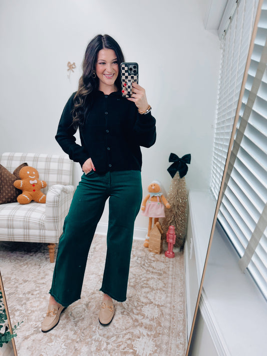 Ruffle Collar Cardigan Sweater - Black