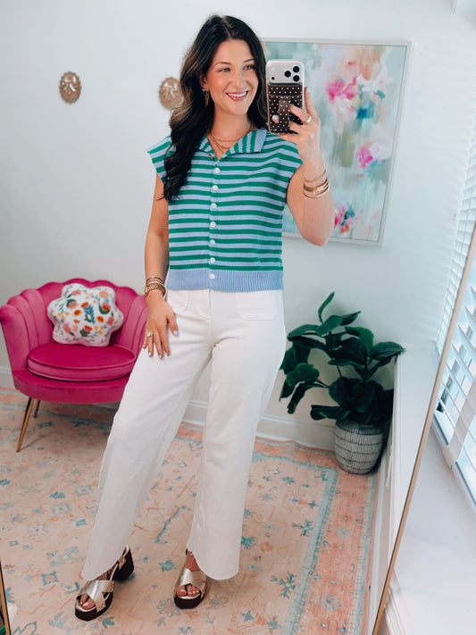 River Button Stripe Cuff Top