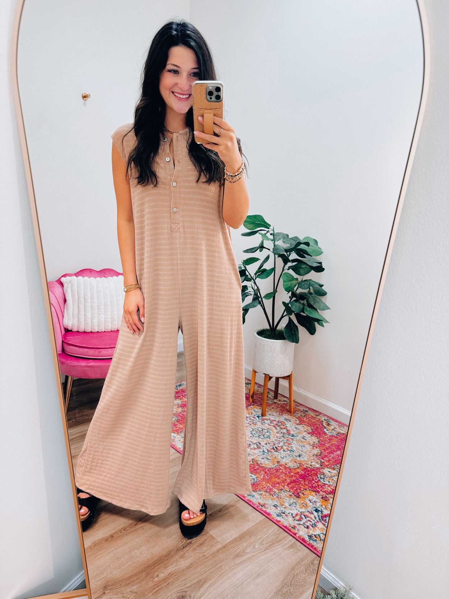 Jumping Into Fall Textured Wide Leg Jumpsuit - Mocha