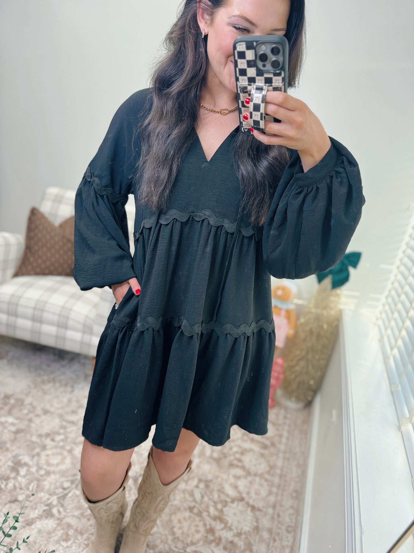 Black Scallop Trim Mini Dress