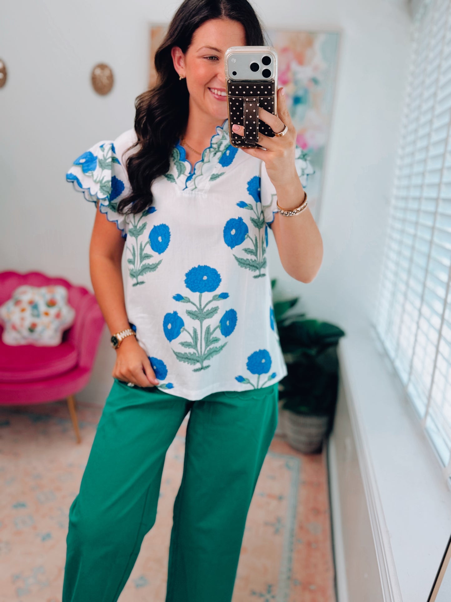 Caroline Blue Floral Scallop Top
