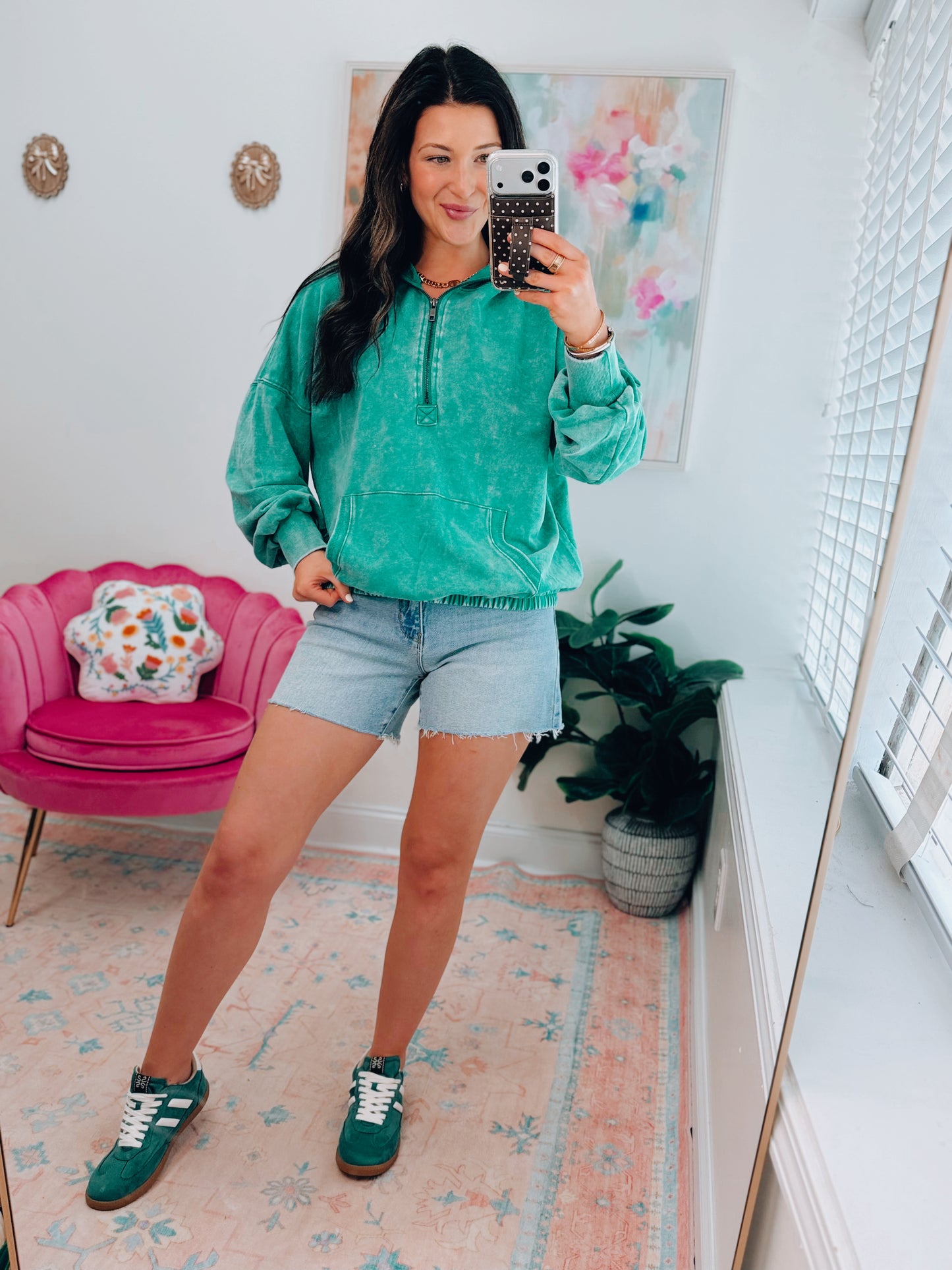 Mineral Wash Kelly Green Zip Hoodie Top