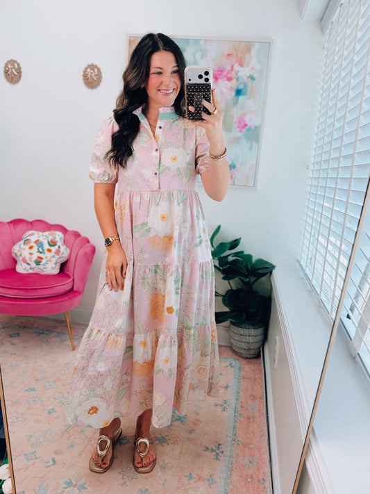 Pink Floral Tiered Midi Dress