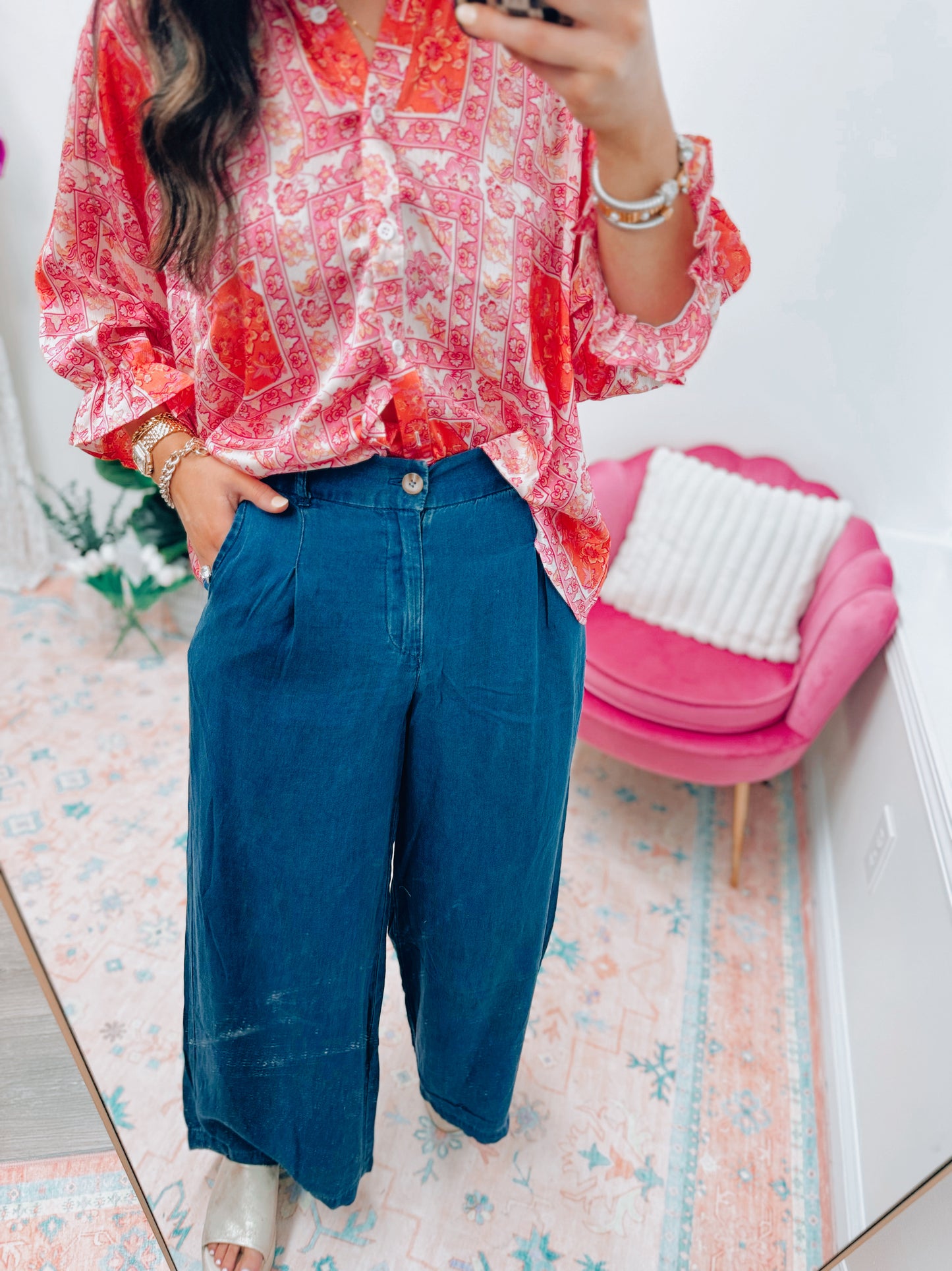 Dark Chambray Pintuck Wide Leg Pants