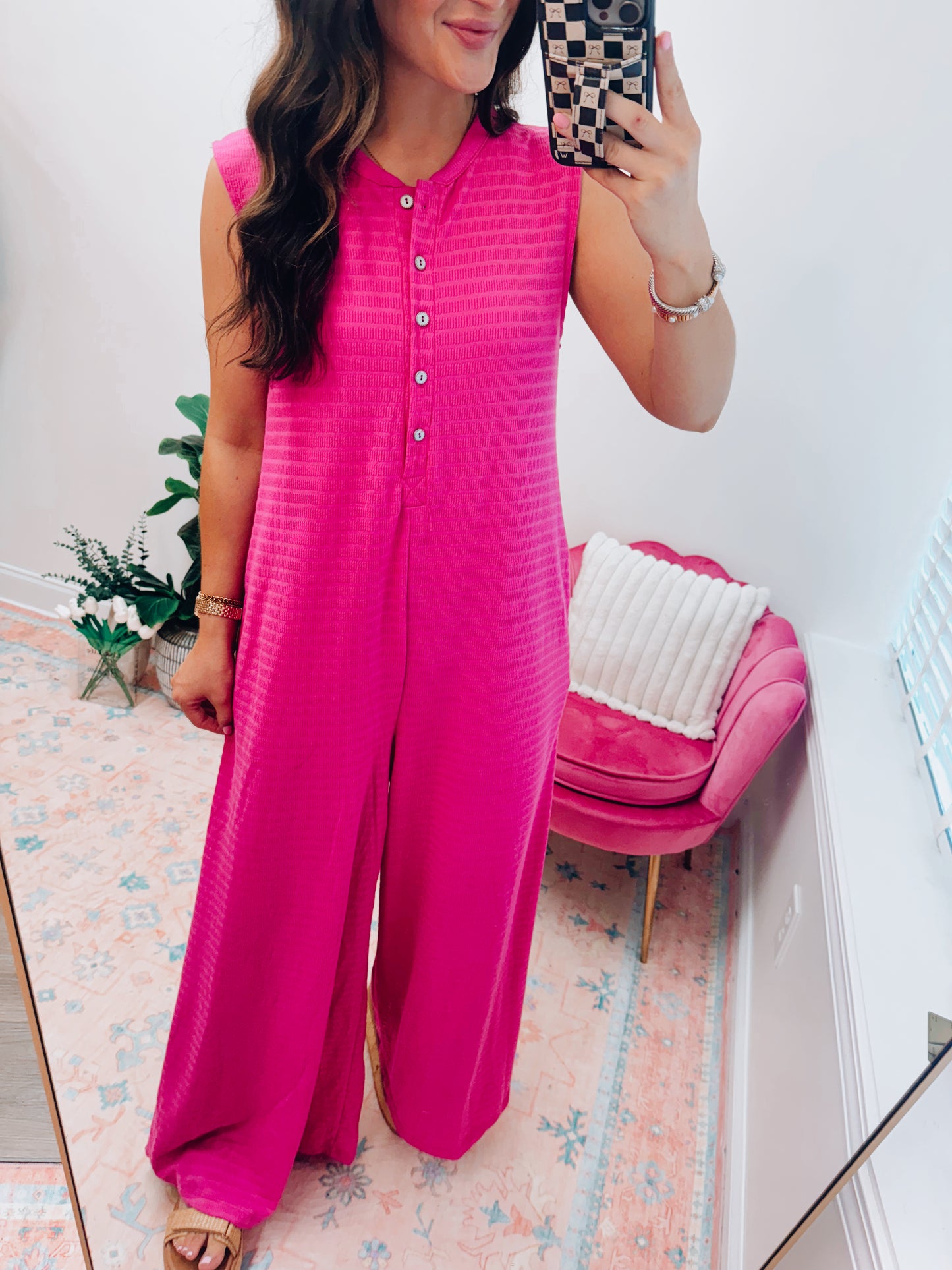 Fuchsia Textured Wide Leg Jumpsuit