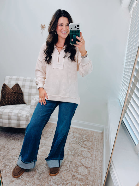 Everyday Layer Zip Patch Top - Cream