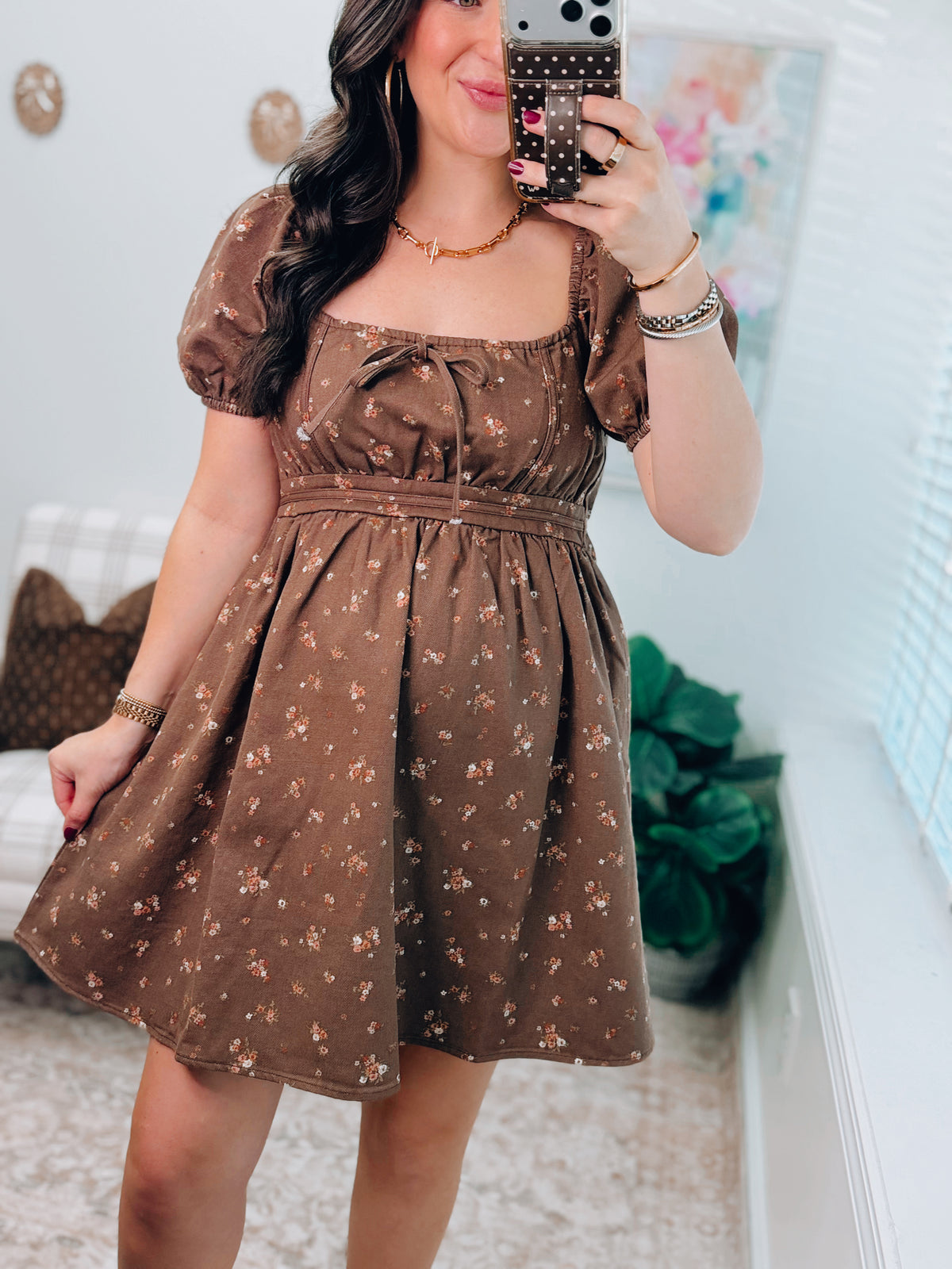 Ditsy Denim Floral Babydoll Mini Dress