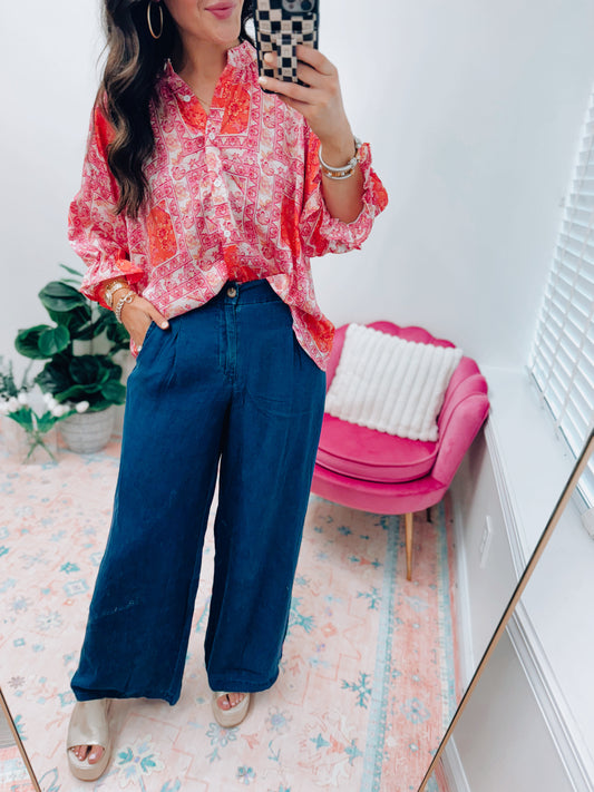 Dark Chambray Pintuck Wide Leg Pants