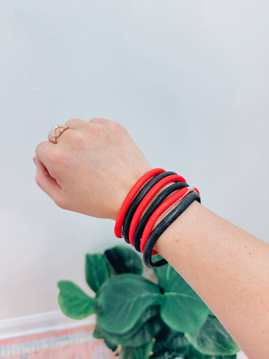 Game Day Leather Bracelet Stack - Red/Black