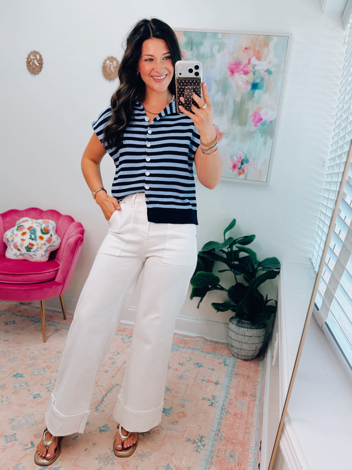 River Button Stripe Cuff Top - Navy