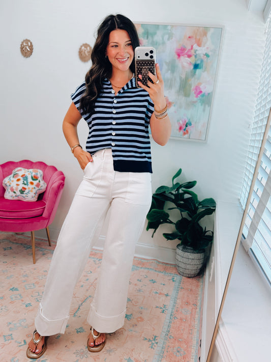 River Button Stripe Cuff Top - Navy