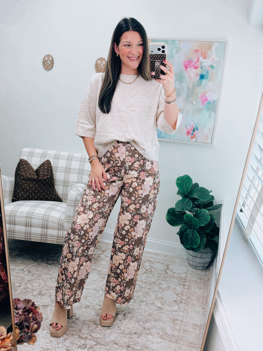 Oak Floral Wide-Leg Pleated Denim