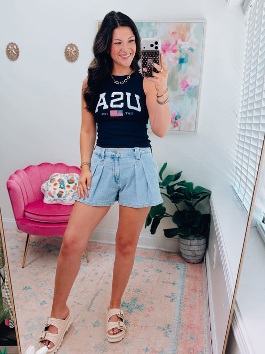 Pleated Bubble Denim Shorts