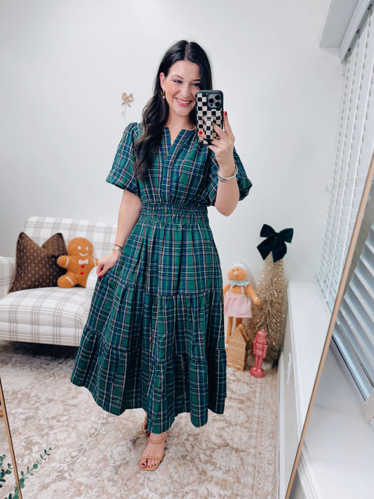 Woven Green Plaid Smocked Midi Dress