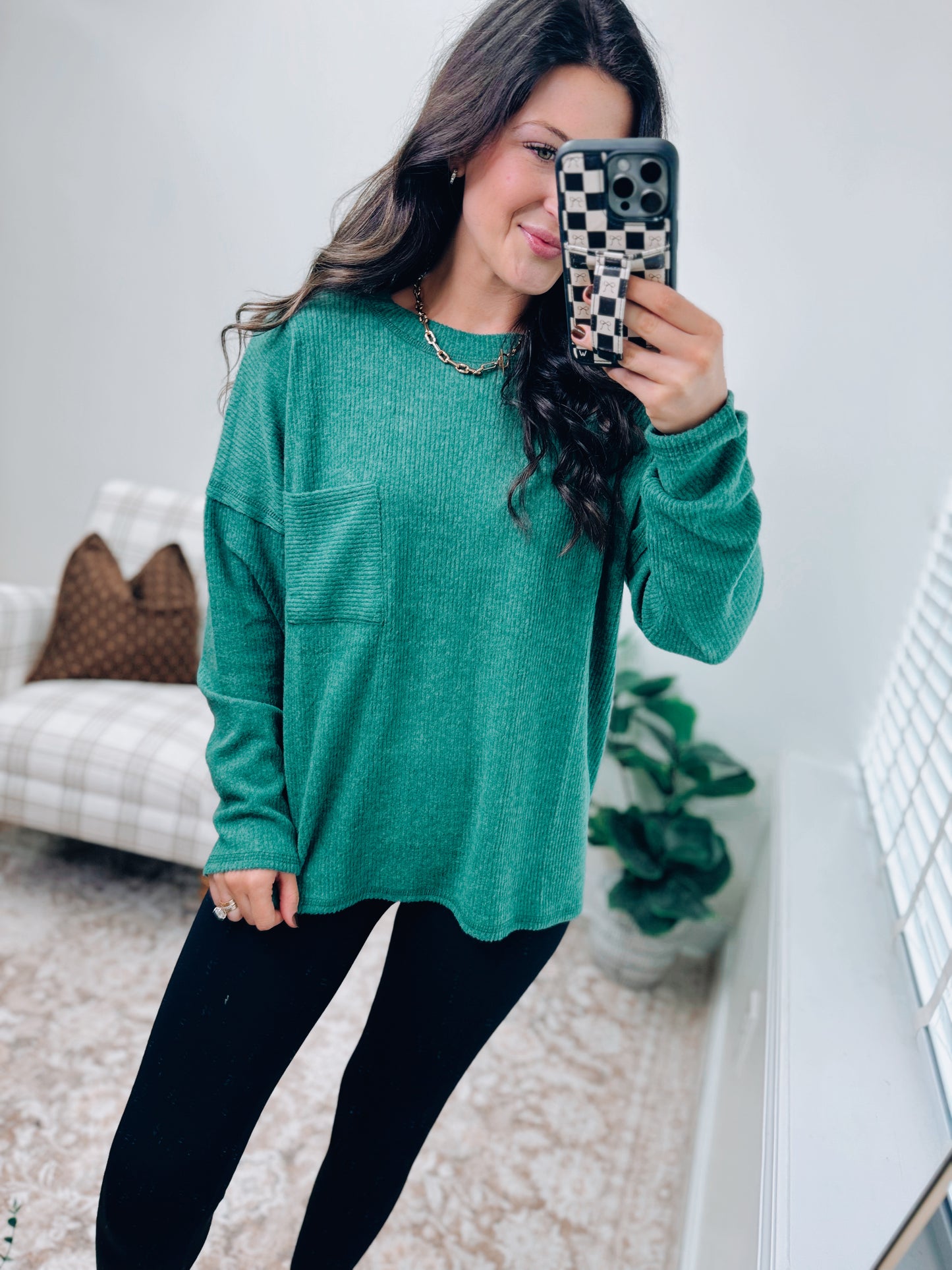 DOORBUSTER Pocket Brushed Ribbed Top - Forest