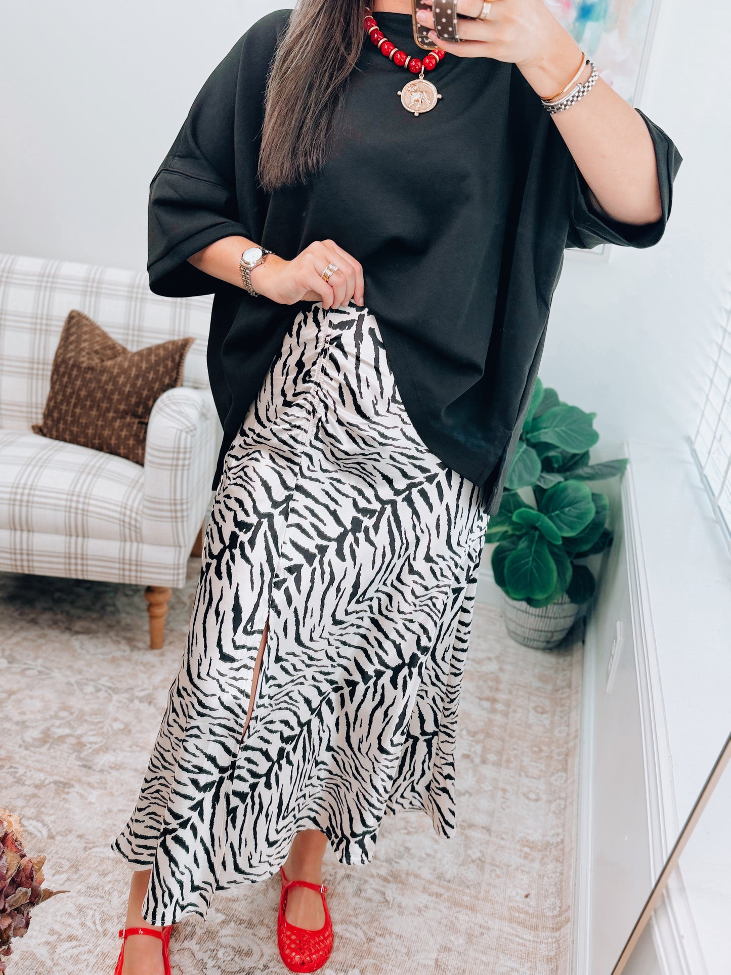 Zebra Satin Midi Rouche Skirt