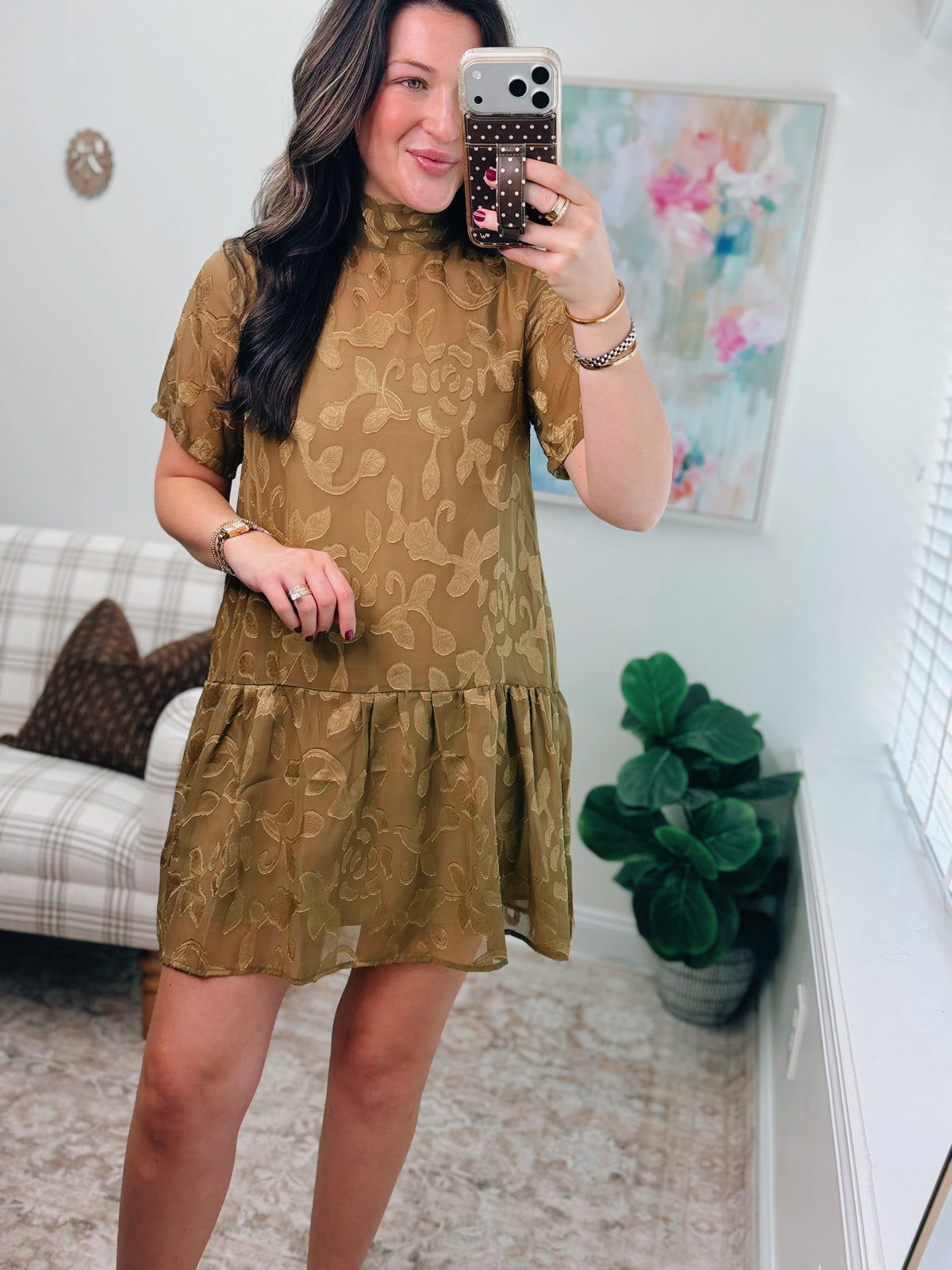 Floral Jacquard Tie-Neck Mini Dress
