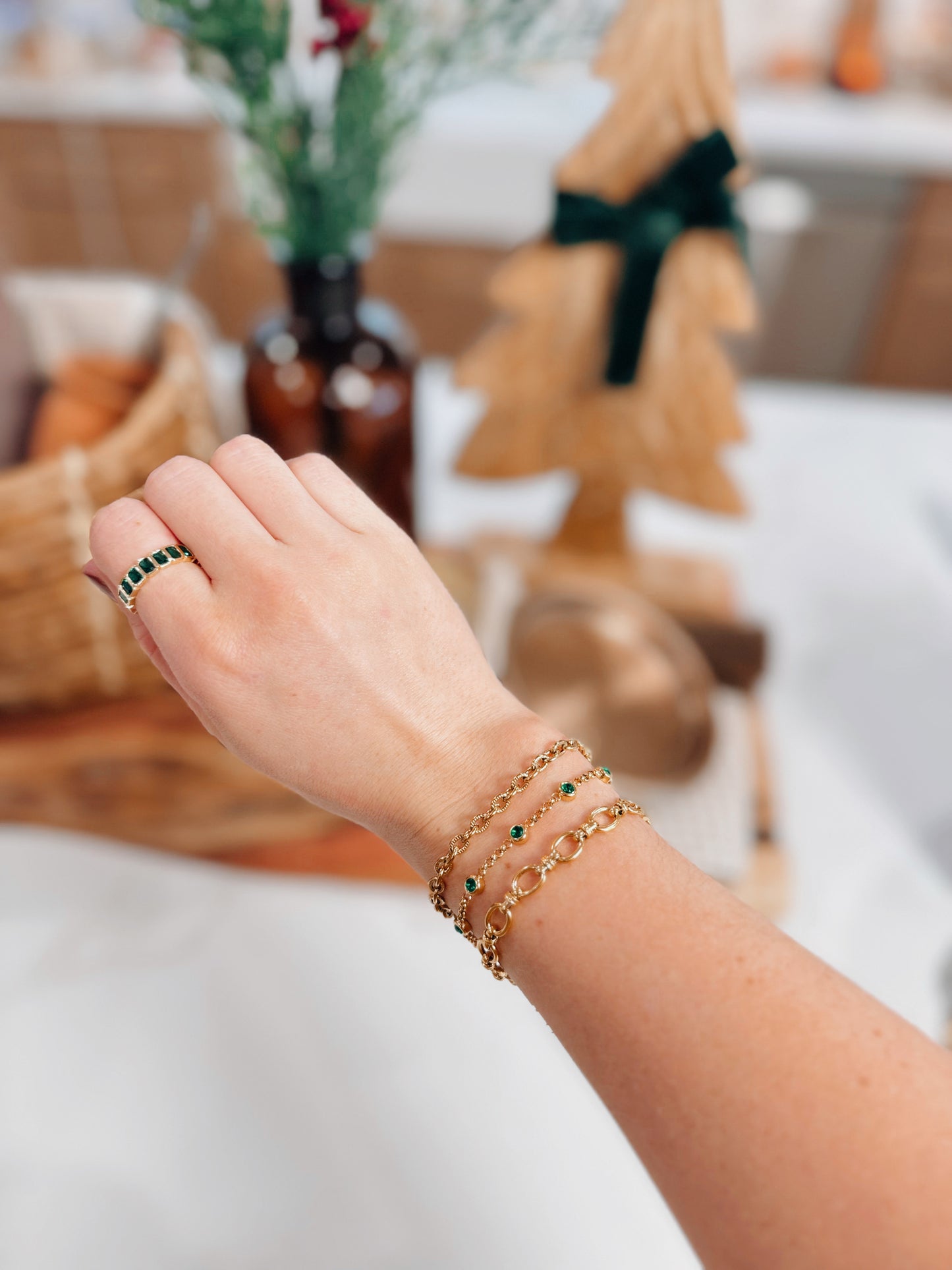 Emerald Green Link 18k Gold Plated Ring