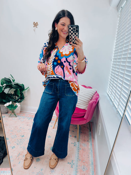 Navy Mix Abstract Top