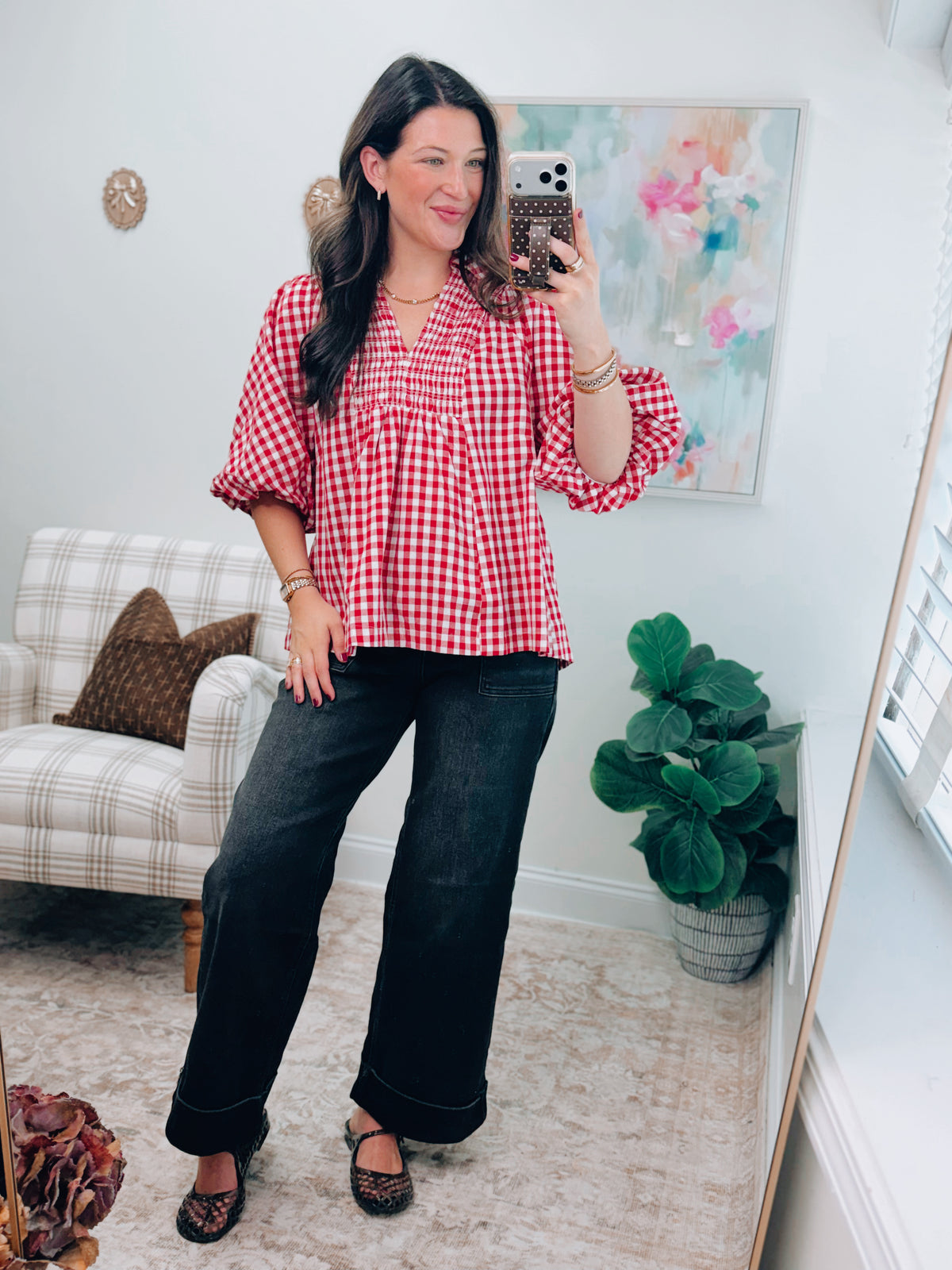 Rue Red Gingham Puff Sleeve Top