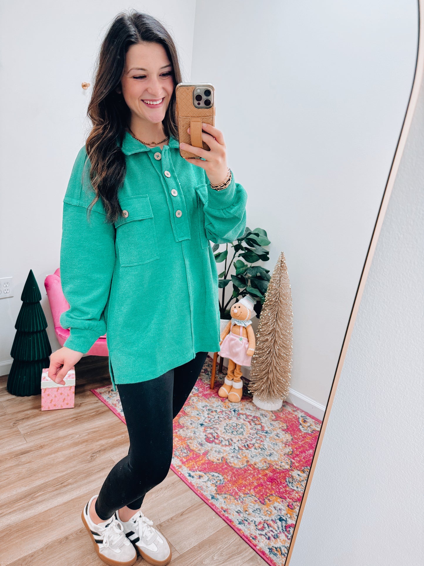 Henley Knit Button Top - Green